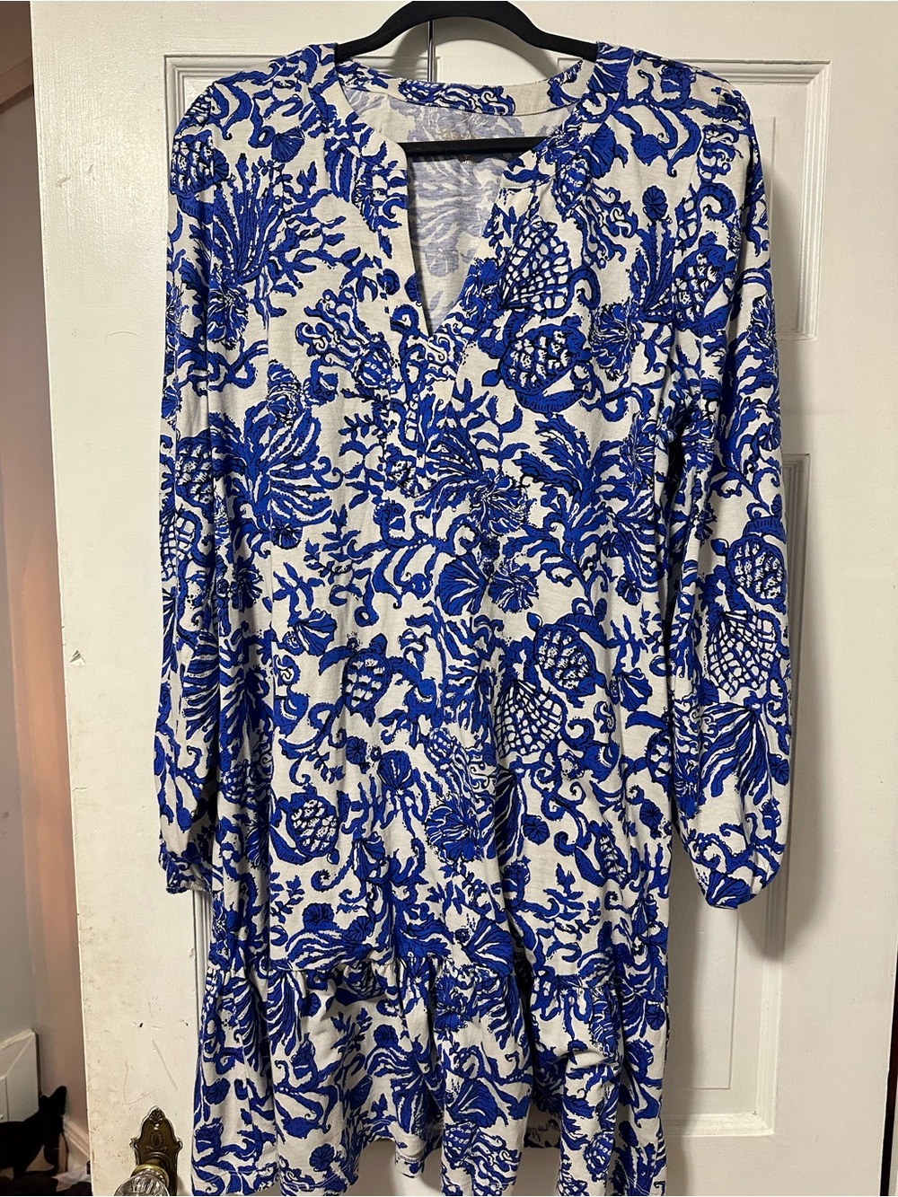 Lilly Pulitzer Blue and White Floral V-Neck Long Sleeve Dress